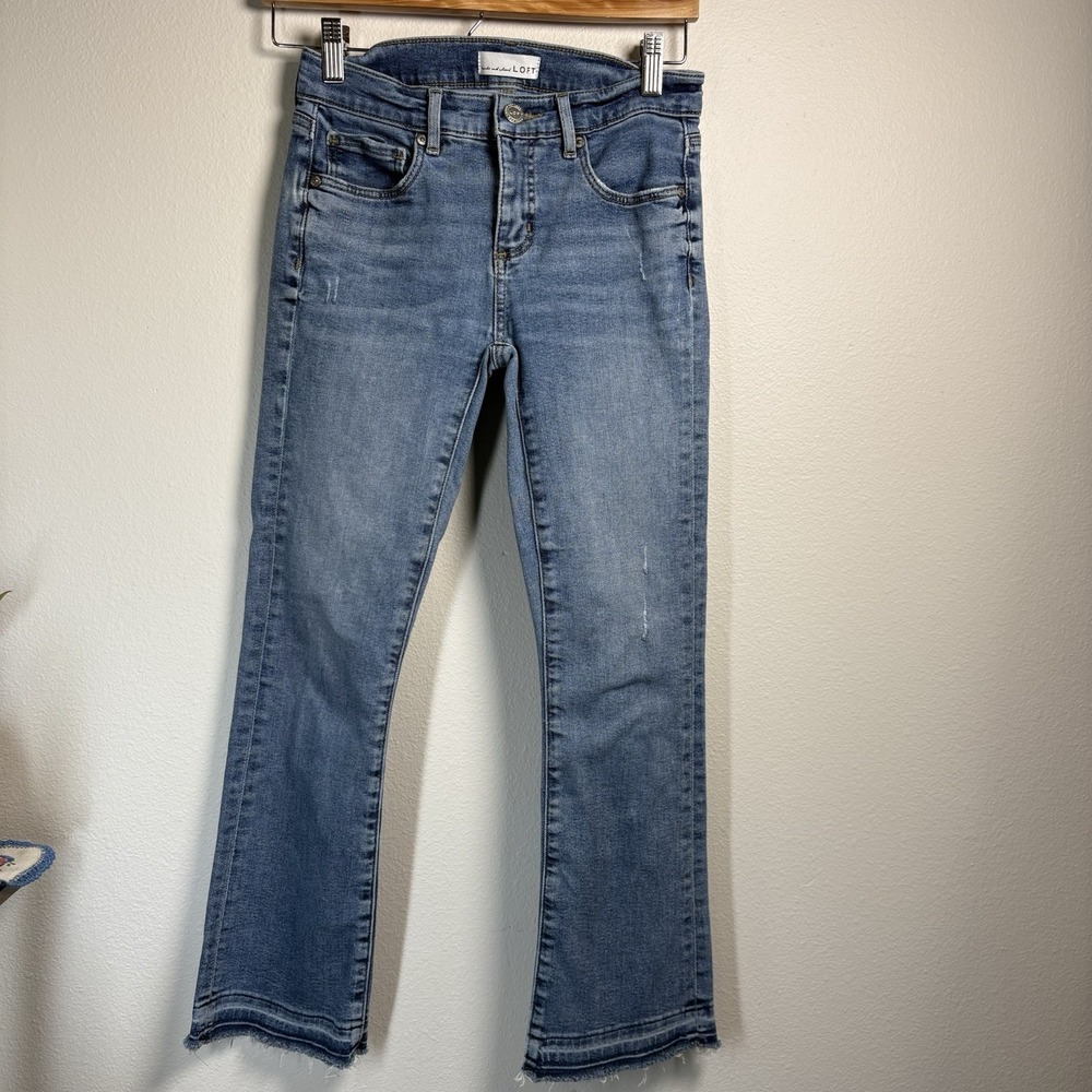 LOFT Womens 24/00 Blue Flare Crop Jeans Boho Raw Hem Stretch Denim